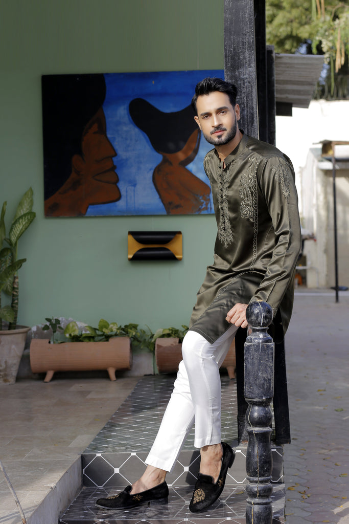 ER 567 Olive Green Silk With Punch  Embroided Kurta With White Pajama For Men