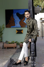 Load image into Gallery viewer, ER 567 Olive Green Silk With Punch  Embroided Kurta With White Pajama For Men