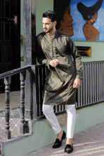 Load image into Gallery viewer, ER 567 Olive Green Silk With Punch  Embroided Kurta With White Pajama For Men