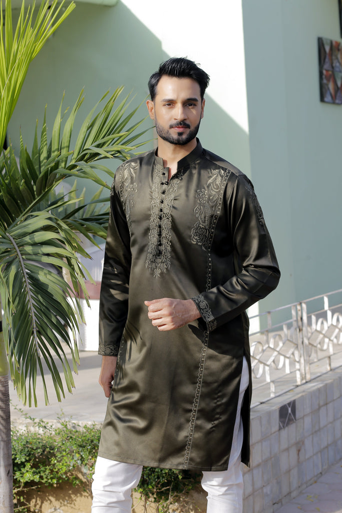 ER 567 Olive Green Silk With Punch  Embroided Kurta With White Pajama For Men