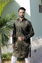 Load image into Gallery viewer, ER 567 Olive Green Silk With Punch  Embroided Kurta With White Pajama For Men