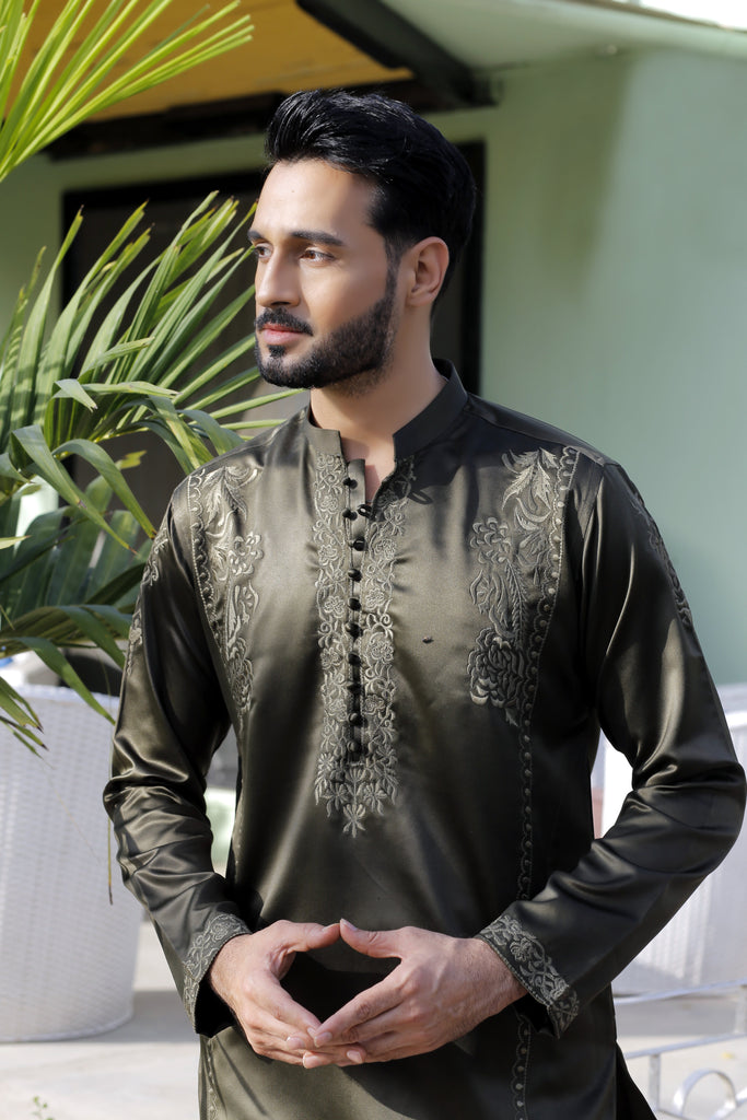 ER 567 Olive Green Silk With Punch  Embroided Kurta With White Pajama For Men