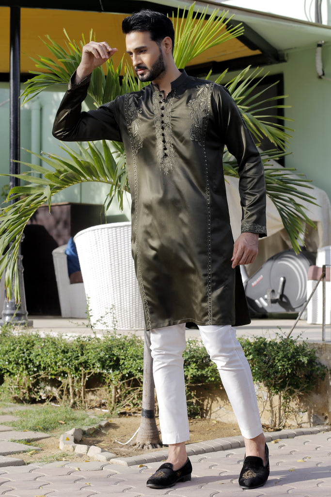 ER 567 Olive Green Silk With Punch  Embroided Kurta With White Pajama For Men