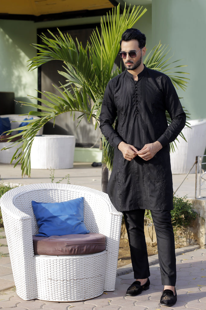 ER 568 Black on Black Embroided Designer Kurta Pajama For Men