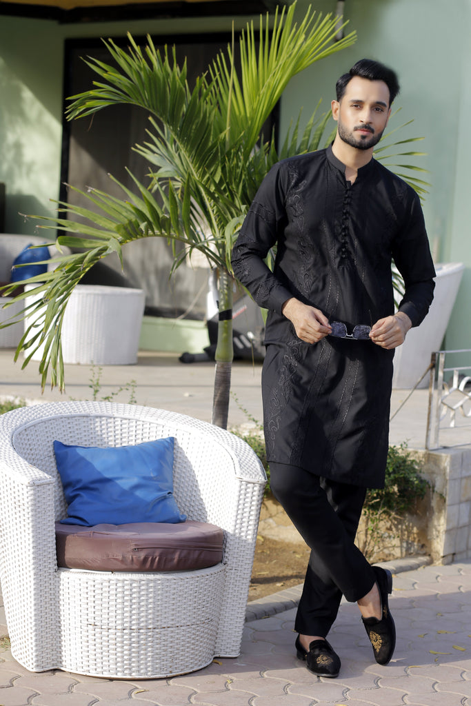 ER 568 Black on Black Embroided Designer Kurta Pajama For Men