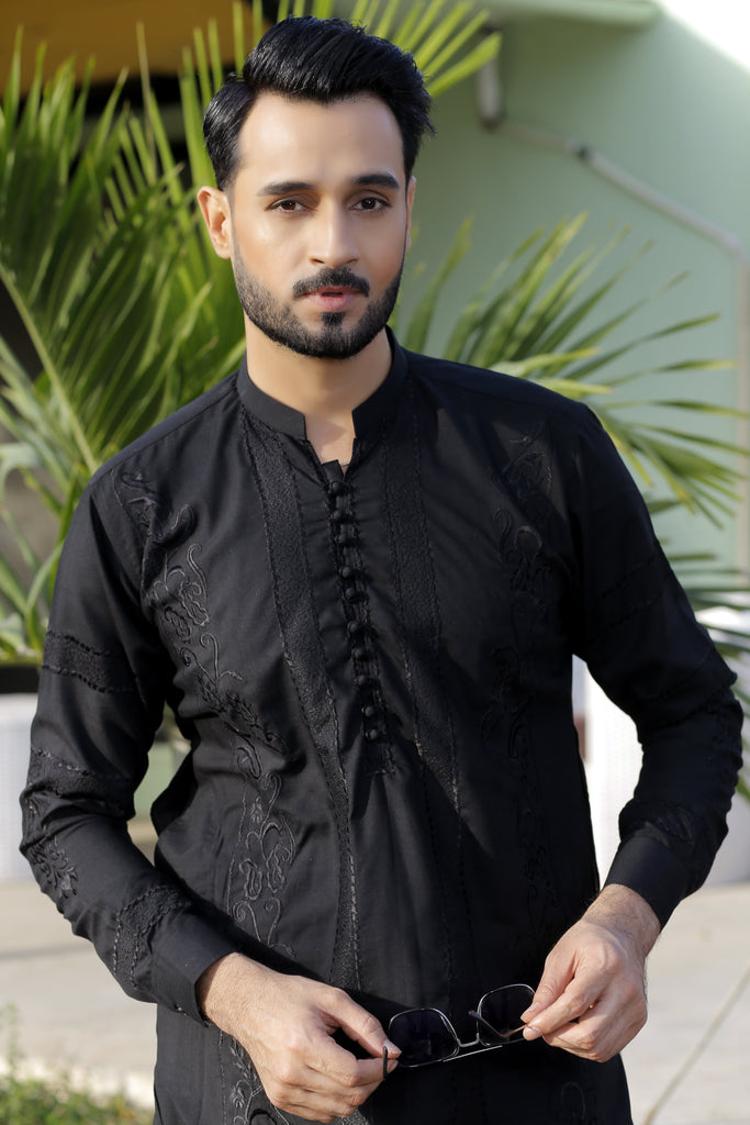 ER 568 Black on Black Embroided Designer Kurta Pajama For Men