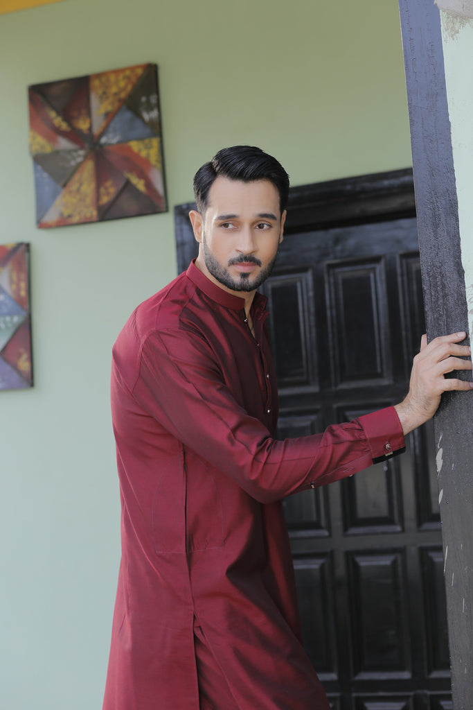 ER 571 Maroon Cotton Silk Kurta Pajama with velvet finish For Men