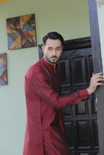 Load image into Gallery viewer, ER 571 Maroon Cotton Silk Kurta Pajama with velvet finish For Men