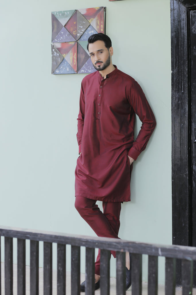 ER 571 Maroon Cotton Silk Kurta Pajama with velvet finish For Men