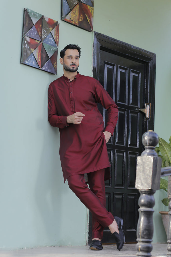 ER 571 Maroon Cotton Silk Kurta Pajama with velvet finish For Men