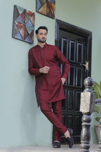 Load image into Gallery viewer, ER 571 Maroon Cotton Silk Kurta Pajama with velvet finish For Men