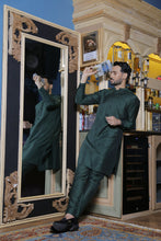 Load image into Gallery viewer, ER 572 Green Cotton Silk Kurta Pajama with velvet finish For Men