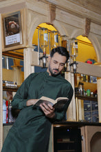 Load image into Gallery viewer, ER 572 Green Cotton Silk Kurta Pajama with velvet finish For Men