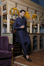 Load image into Gallery viewer, ER 573 Blue Cotton Silk Kurta Pajama With green Emblishments and Chest Logo