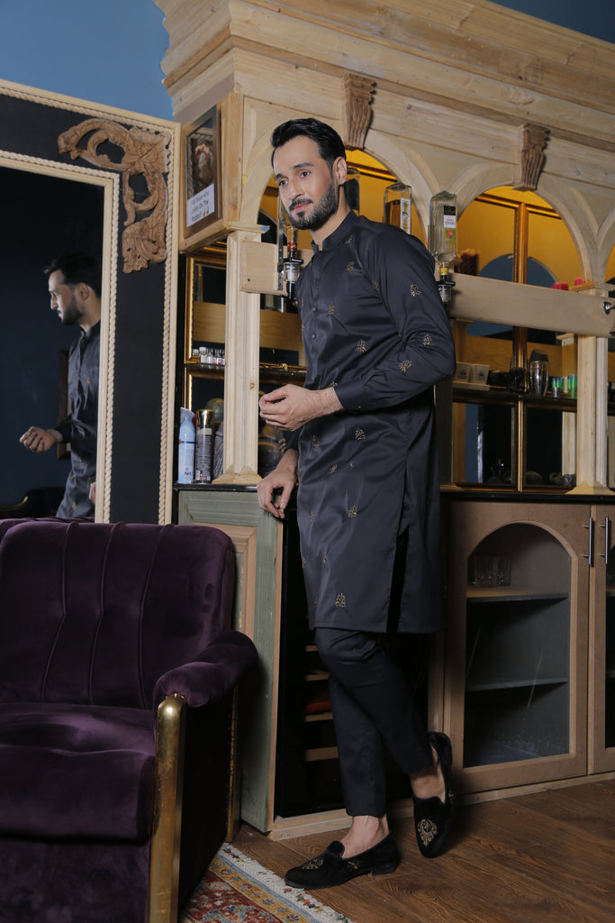 ER 565 Black With Copper Emb Motifs Kurta Pajama For Men