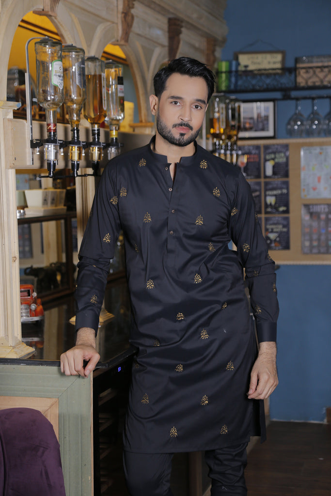 ER 565 Black With Copper Emb Motifs Kurta Pajama For Men