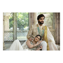 Load image into Gallery viewer, Saphire Gold Sherwani With Turban Shawl And Kurta Pajam