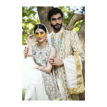 Saphire Gold Sherwani With Turban Shawl And Kurta Pajam