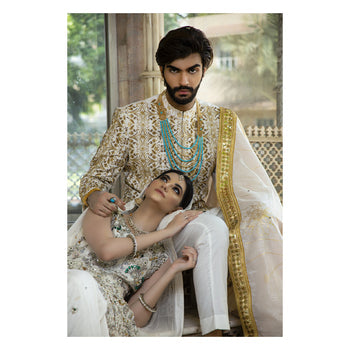 Saphire Gold Sherwani With Turban Shawl And Kurta Pajam