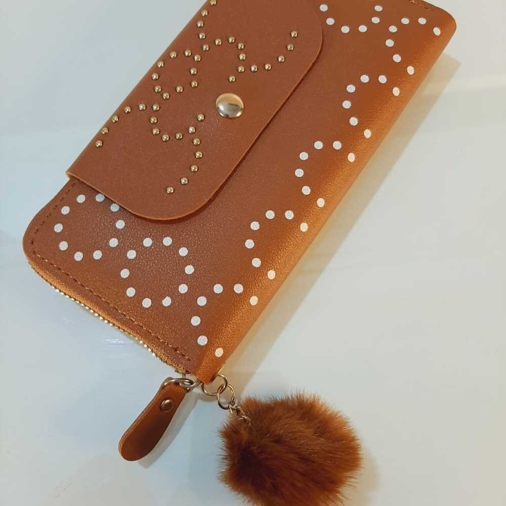 Zipper Wallet Purse With Pompom - Brown - W03