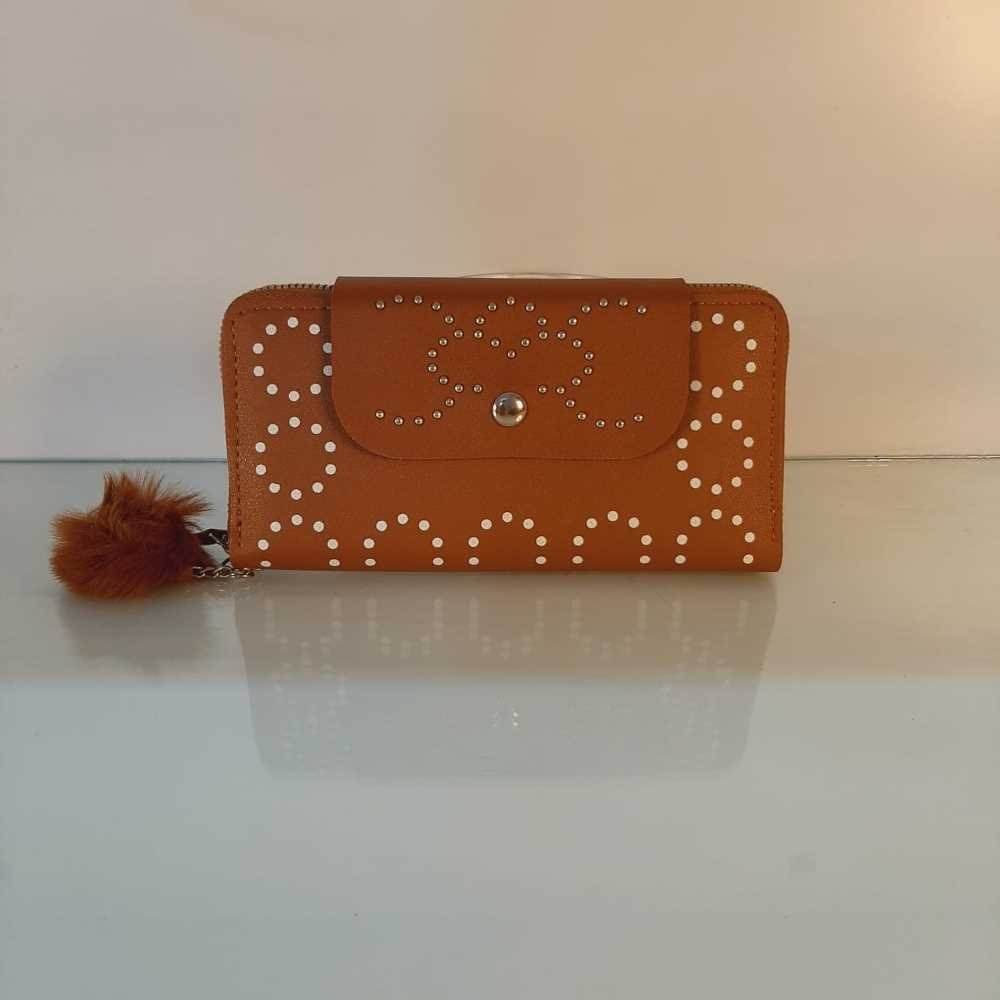 Zipper Wallet Purse With Pompom - Brown - W03