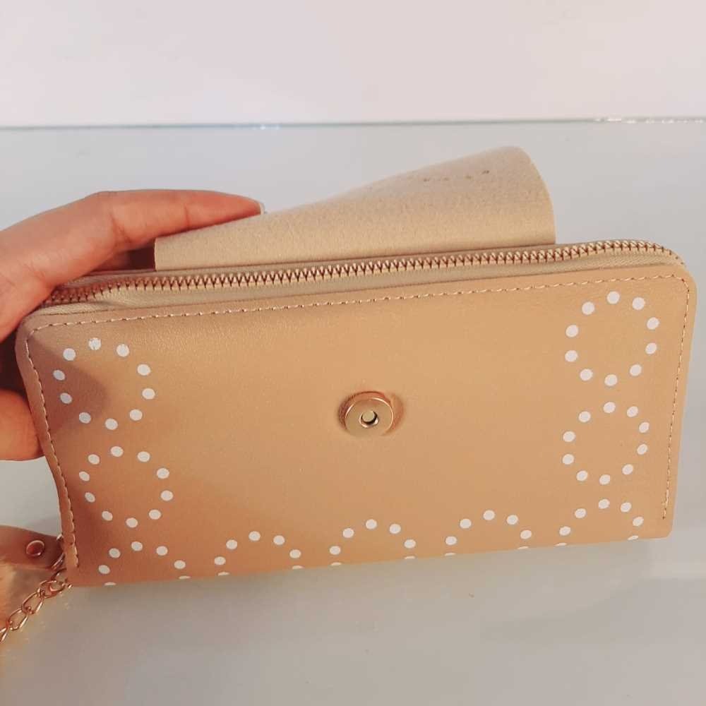 Zipper Wallet Purse With Pompom - Beige - W03