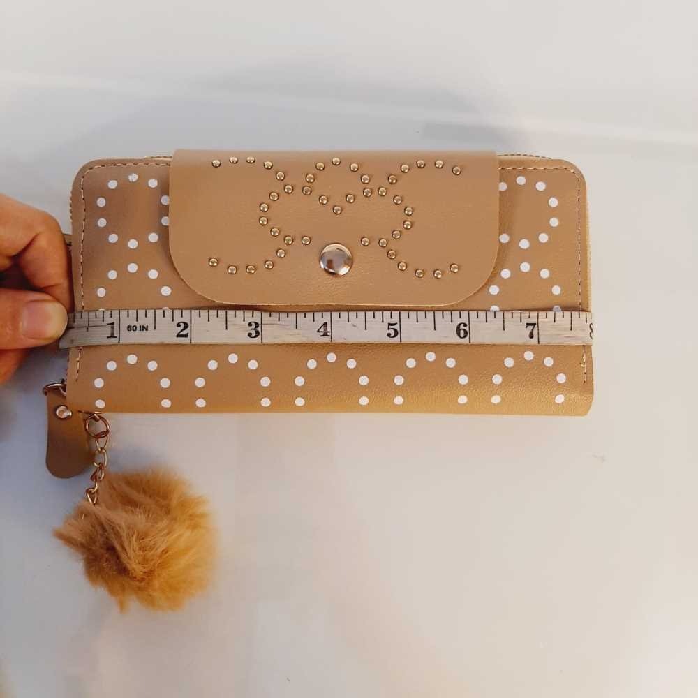 Zipper Wallet Purse With Pompom - Beige - W03