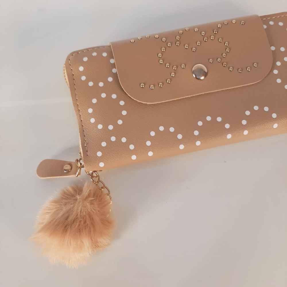 Zipper Wallet Purse With Pompom - Beige - W03