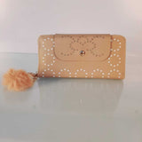 Zipper Wallet Purse With Pompom - Beige - W03