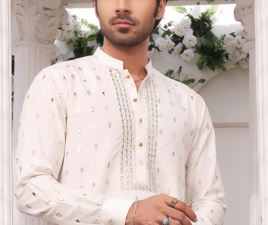 ER MR 31 White 2 Mirror Embroidery Self Cotton Silk Fabric Kurta  Mirror Work For Men